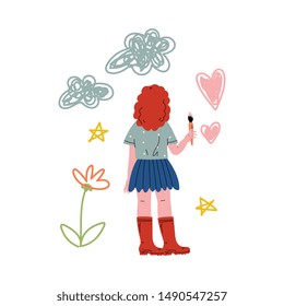 Cute Girl Painting on Wall with Color Paints and Brush, View From Behind Vector Illustration