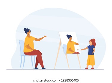 Cute girl painting portrait of mother and smiling. Canvas, pose, brush flat vector illustration. Hobby and creativity concept for banner, website design or landing web page