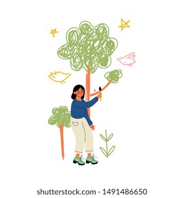 Cute Girl Painting Trees on Wall with Color Paints and Brush Vector Illustration