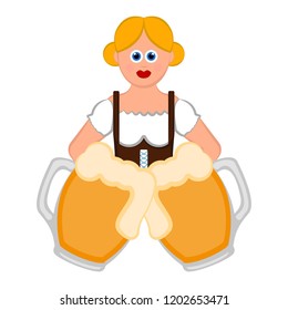 Cute girl with pair of beer mugs. Oktoberfest. Vector illustration design