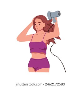 Cute girl in pajama prepares, does hairstyle, hairdo with hairdryer. Young woman drying her wet hair, blows with dryer. Daily beauty routine. Flat isolated vector illustration on white background