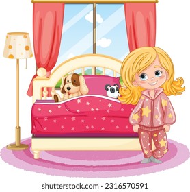 Cute girl in pajamas in bedroom at the morning illustration