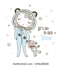 Cute girl in pajamas in the form of bears going to sleep with a toy Teddy bear. Vector.