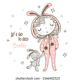 Cute girl in pajamas in the form of a Bunny is going to sleep with a toy. It's time to sleep. Vector.