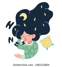 Cute girl in pajamas sleeps. Hair in the night sky, alarm clock. Sleep mode, polyphase sleep, sleep control, rest, night. Vector isolated picture for articles, book illustrations, pajamas design.