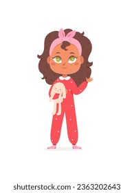 Cute girl in pajamas vector illustration. Cartoon isolated funny little girl in red nightwear and socks holding rabbit toy and waving to invite to pajama party, child in comfort jumpsuit playing
