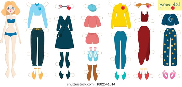 Cute  Girl Paper Doll with Set of Fashionable Clothes and Shoes 