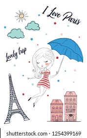 Cute girl in Paris vector illustration for fashion artworks, children books, t shirt prints, greeting cards.