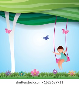 cute girl in the park between flowers and butterflies. vector illustration