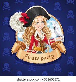 Cute girl with parrot. Banner for Pirate party