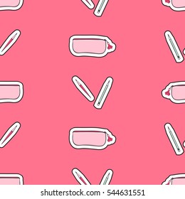 Cute girl pattern vector seamless with pencil case and stationery on pink background. Fashion print for preschool, teen or student girls.