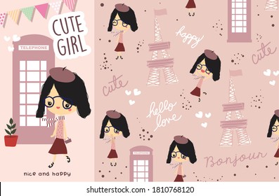 Cute girl with pattern vector set