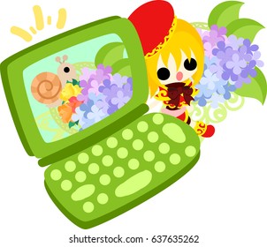 A cute girl and a PC of hydrangeas