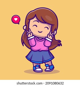 Cute Girl With Peace Sign Cartoon Vector Icon Illustration People Fashion Icon Concept Isolated Premium Vector. Flat Cartoon Style