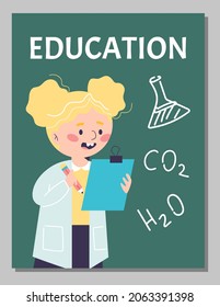 Cute girl with pencil and clipboard in front of the blackboard - cartoon vector illustration. Pupil in white coat teaches chemistry in school classroom.