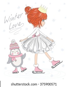 Cute girl with penguin vector design.animal lover. winter love slogan