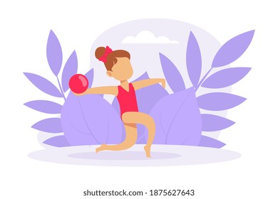 Cute Girl Performing Gymnastic Exercise with Ball, Gymnast Girl Taking Part in Rhythmic Gymnastics Competitions Cartoon Vector Illustration