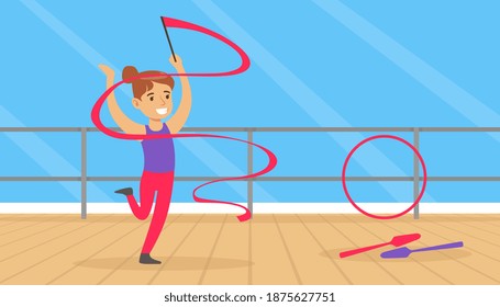 Cute Girl Performing Gymnastic Exercise, Gymnast Girl with Ribbon Taking Part in Rhythmic Gymnastics Competitions Cartoon Vector Illustration