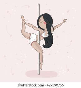 Cute girl performing pole dance on the pink background