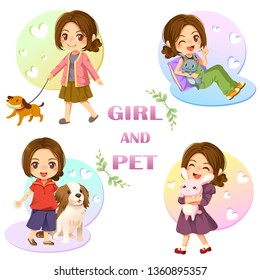 Cute girl and pet concept - Vector