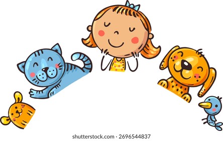 Linda chica con mascotas. Borde, marco o encabezado. Ilustración vectorial de dibujos animados