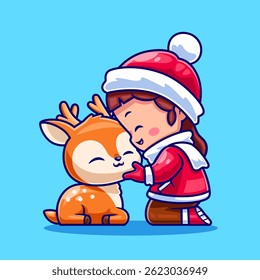 Cute Girl Petting Deer Cartoon Vector Icon Illustration. People Animal Icon Concept Isolated Premium Vector. Flat Cartoon Style