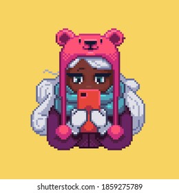 Cute girl with phone. Pixel art style. Vector illustration