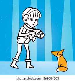 Cute girl photographer in winter clothes. Hand drawn cartoon vector illustration.