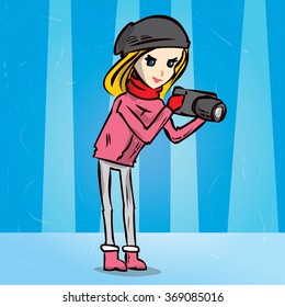 Cute girl photographer in winter clothes. Hand drawn cartoon vector illustration.