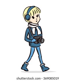 Cute girl photographer in winter clothes. Hand drawn cartoon vector illustration.