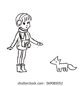 Cute girl photographer in winter clothes. Hand drawn cartoon vector illustration.