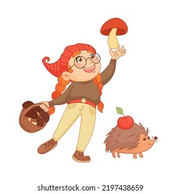 Cute girl picking mushrooms. Character holding big mushroom in arm. Hedgehog with an apple on back. Cozy autumn illustration in cartoon style.