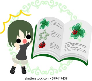 A cute girl and a picture book of clover