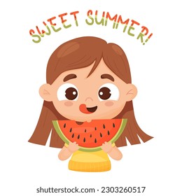 Cute girl with piece of watermelon. Funny cartoon character child eats watermelon and licks his lips. Vector illustration. Postcard sweet summer