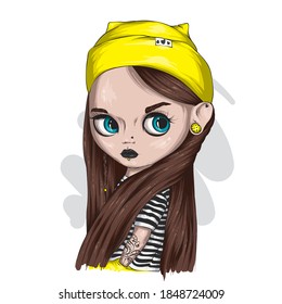 A cute girl with piercings and a tattoo in a hat and a T-shirt.