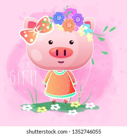 cute girl pig with flowers on the pink background. Can be used for kids/babies shirt design, fashion print design,t-shirt, kids wear,textile design,celebration card/ greeting card, invitation card - V