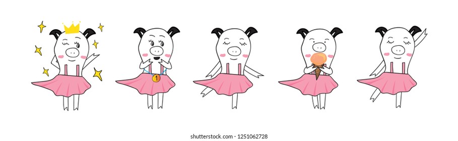 Cute girl pigs on pink dress dance face emotion eat ice cream pinky piglet