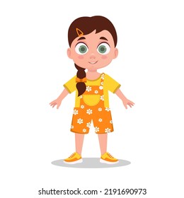 Cute girl with a pigtail, cheerful girl. Vector illustration