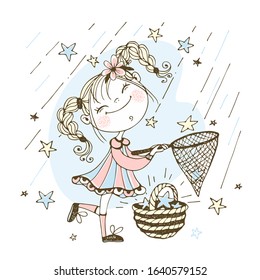 A cute girl with pigtails catches falling stars with a net. Vector.