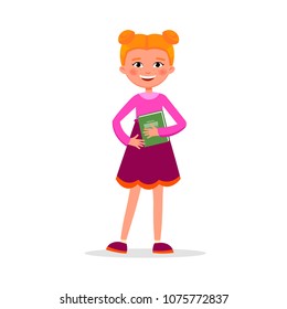 Cute girl with pigtails in dress with a book and backpack isolated on white background. Funny student girl in flat design.