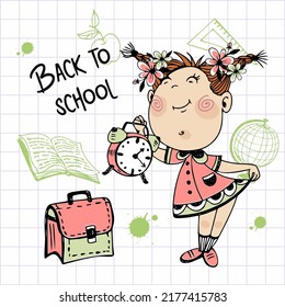 Cute girl with pigtails goes to school. A schoolgirl with an alarm clock and a briefcase. Back to school. Vector