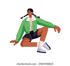 Cute girl with pigtails has a rest, waits, sits on the floor. Happy young woman with positive emotions. Person wearing jacket, looks aside. Flat isolated vector illustration on white background