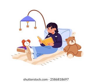 Cute girl with pigtails lying in bed with paper book of fiction novels. Happy kid reads bedtime stories. Child reader holds storybook, enjoys fairy tales. Flat isolated vector illustration on white