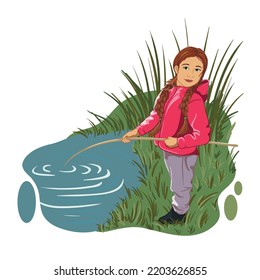 a cute girl with pigtails in a pink jacket is catching fish on the pond. fishing, leisure, vector illustration