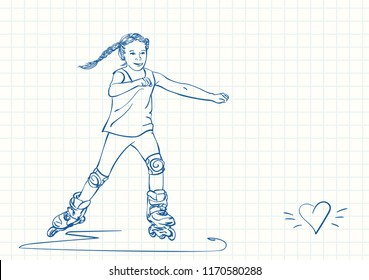 Cute girl with pigtails is skating on skate rollers, Blue pen sketch on square grid notebook page, Hand drawn vector linear illustration