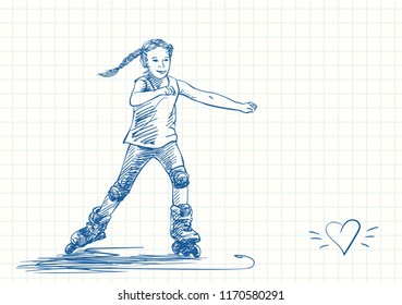Cute girl with pigtails is skating on skate rollers, Blue pen sketch on square grid notebook page, Hand drawn vector illustration