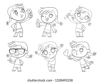 Cute girl with pigtails in a variety of emotional states. Black and White drawing. Funny cartoon character. Isolated on white background. Coloring book. Vector illustration