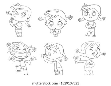 Cute girl with pigtails in a variety of emotional states. Black and White drawing. Funny cartoon character. Isolated on white background. Coloring book. Vector illustration