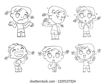 Cute girl with pigtails in a variety of emotional states. Black and White drawing. Funny cartoon character. Isolated on white background. Coloring book. Vector illustration