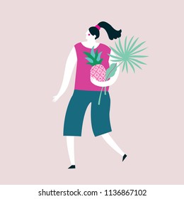 Cute Girl with pineapple. Print Design.